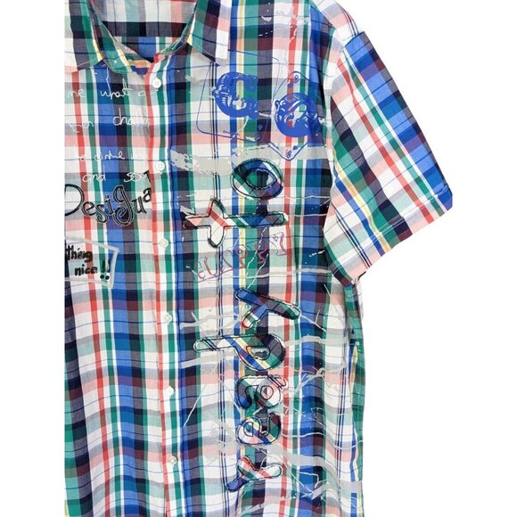 Desigual Art To Wear Button Up Shirt Mens XXL Blue Plaid Cotton Short Sleeve - Picture 2 of 11